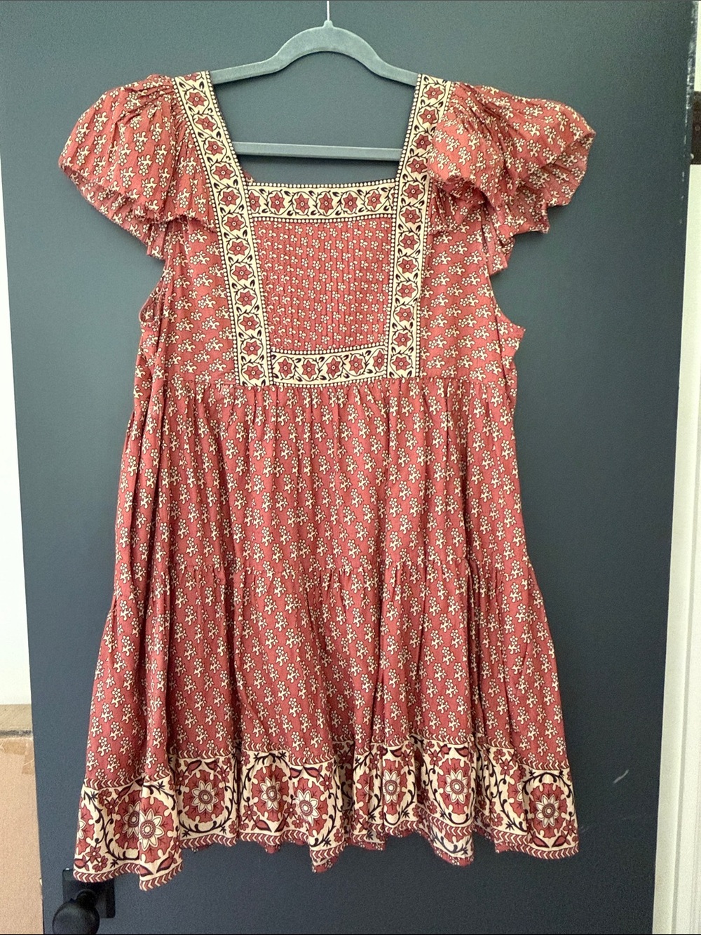 Sea New York Rust Floral Smocked Square-Neck Dress